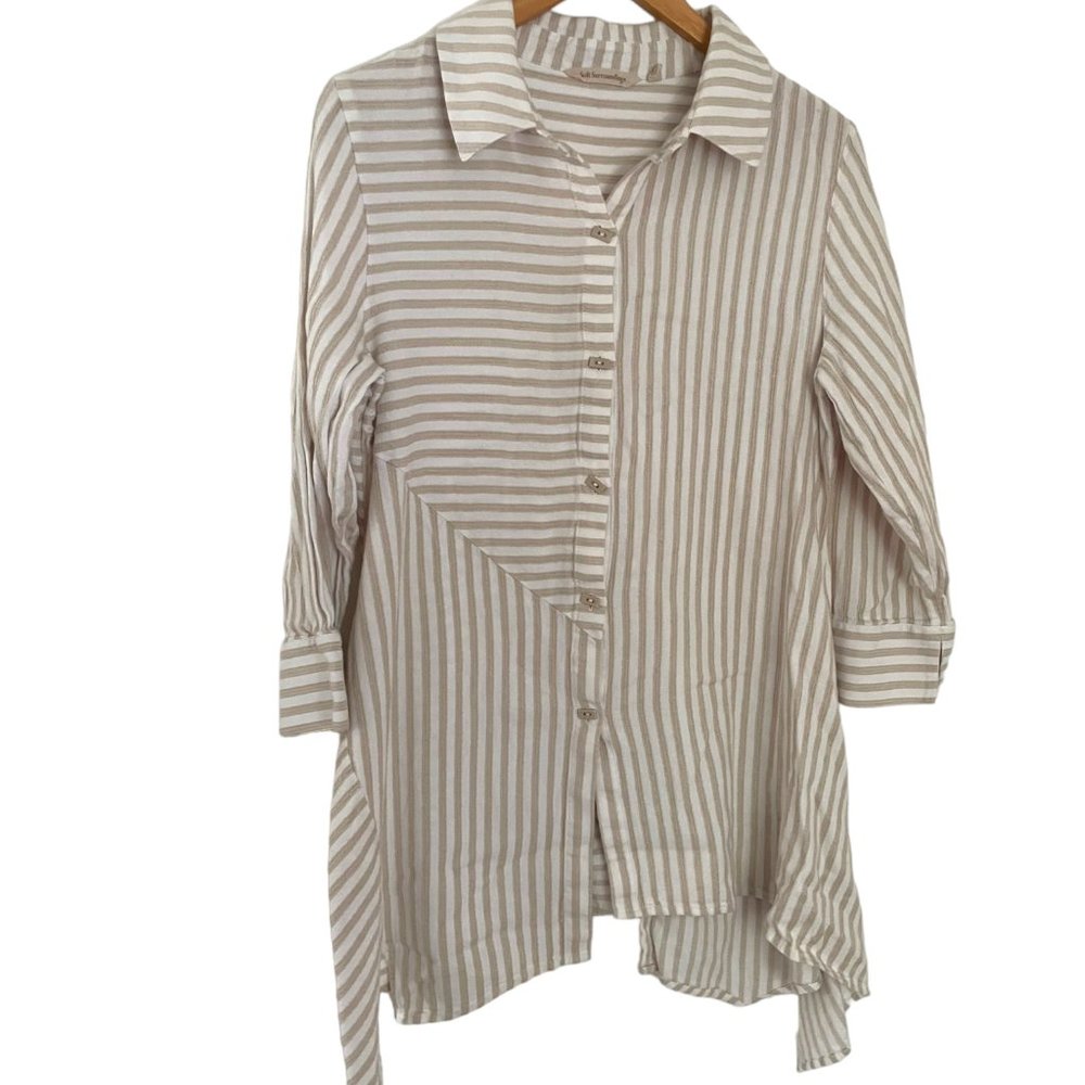Soft Surroundings Standout Asymmetrical Tunic Top M Tan Stripe Button Down Shirt